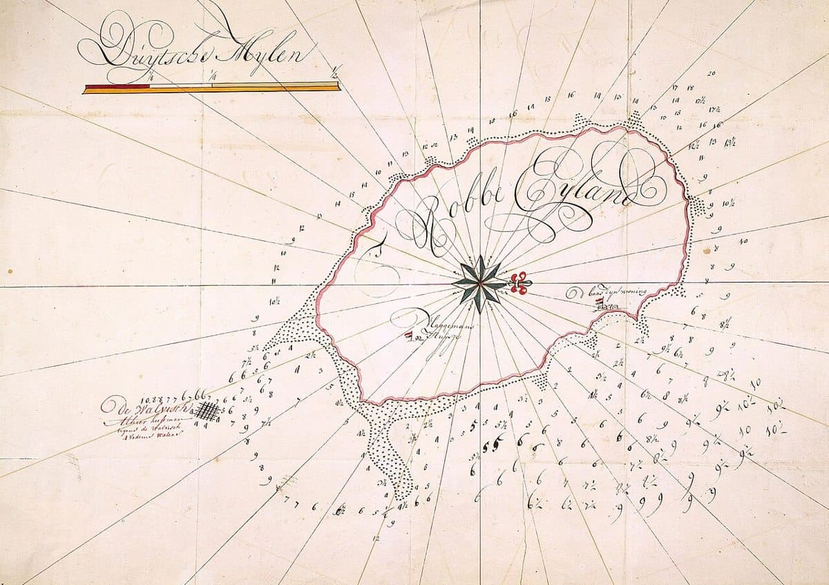 According to the Leupe catalogue (NA), the original title reads: Kaart van het Robben Eyland met opgave der dieptens enz. (Map of Seal Island with specification of the depths etc.)