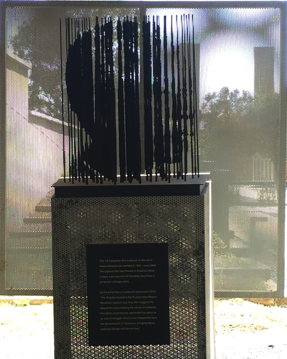 Replica of the artwork by Marco Cianfanelli. Viewed from the exit of the Apartheid Museum, Johannesburg exhibit on Nelson Mandela. Original at Nelson Mandela capture site, Howick, 